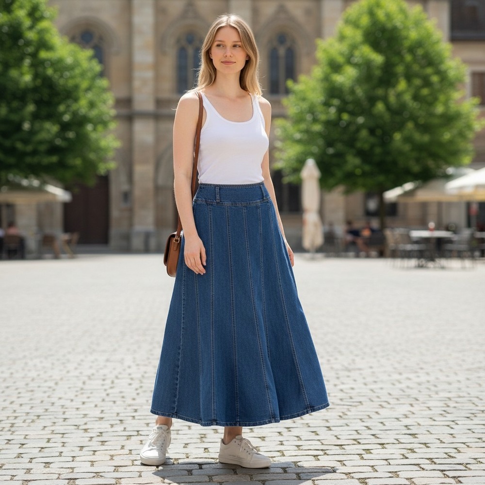 Cato Womens Blue Denim Maxi Skirt Size 16 Paneled A-Line Side Zip Long Skirt